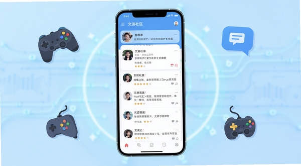 文游社安卓应用主界面展示,手机屏幕居中放置,背景为浅蓝色渐变科技感光晕,屏幕内呈现游戏社区信息流与讨论板块,周围点缀游戏手柄、聊天气泡等扁平化图标,整体风格清爽明快,适配Boogu模型生成
