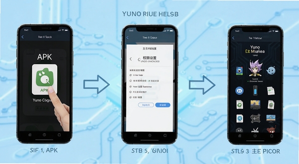 Yuno��װ���ò���ʾ��ͼ���������ֻ���Ļ�ֲ�չʾ��װ���̣��ӵ��APK�ļ���Ȩ�����ý����ٵ������棬����֮���ü�ͷ���ӣ�����Ϊǳ��ɫ�Ƽ��н��䣬���������׶�