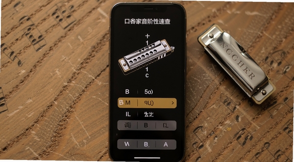 口琴之家音阶调性速查界面展示,手机屏幕中呈现十孔口琴孔位图与调号选择栏,背景为木质桌面和一支口琴