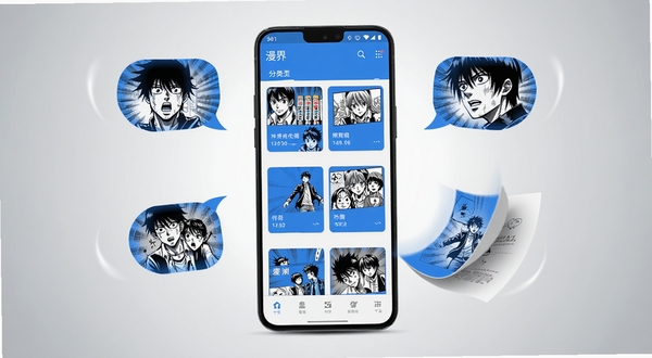 漫界 安卓手机漫画阅读界面 书架与分类页 简洁卡片式布局 高清渲染 蓝色主色调 手机屏幕展示 背景为浅灰渐变 画面中央放置手机模型 周围环绕漫画气泡与翻页动效元素