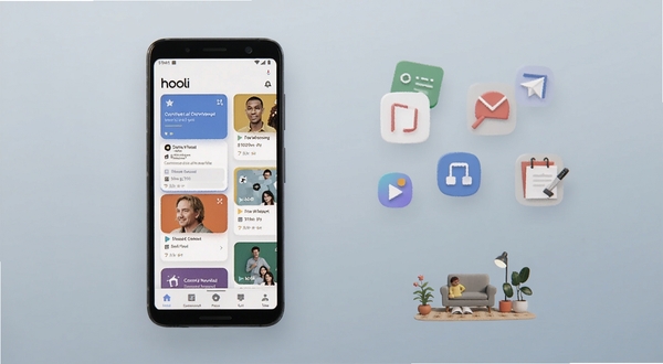 整体展示 hooli 软件的主界面全貌,画面中央偏左放置一部竖屏安卓手机,屏幕内呈现 hooli 首页卡片式布局与底部导航栏,背景为浅灰蓝色柔和渐变,右侧点缀悬浮的功能图标与生活场景小元素,整体风格清爽现代,适配 Boogu 模型生成