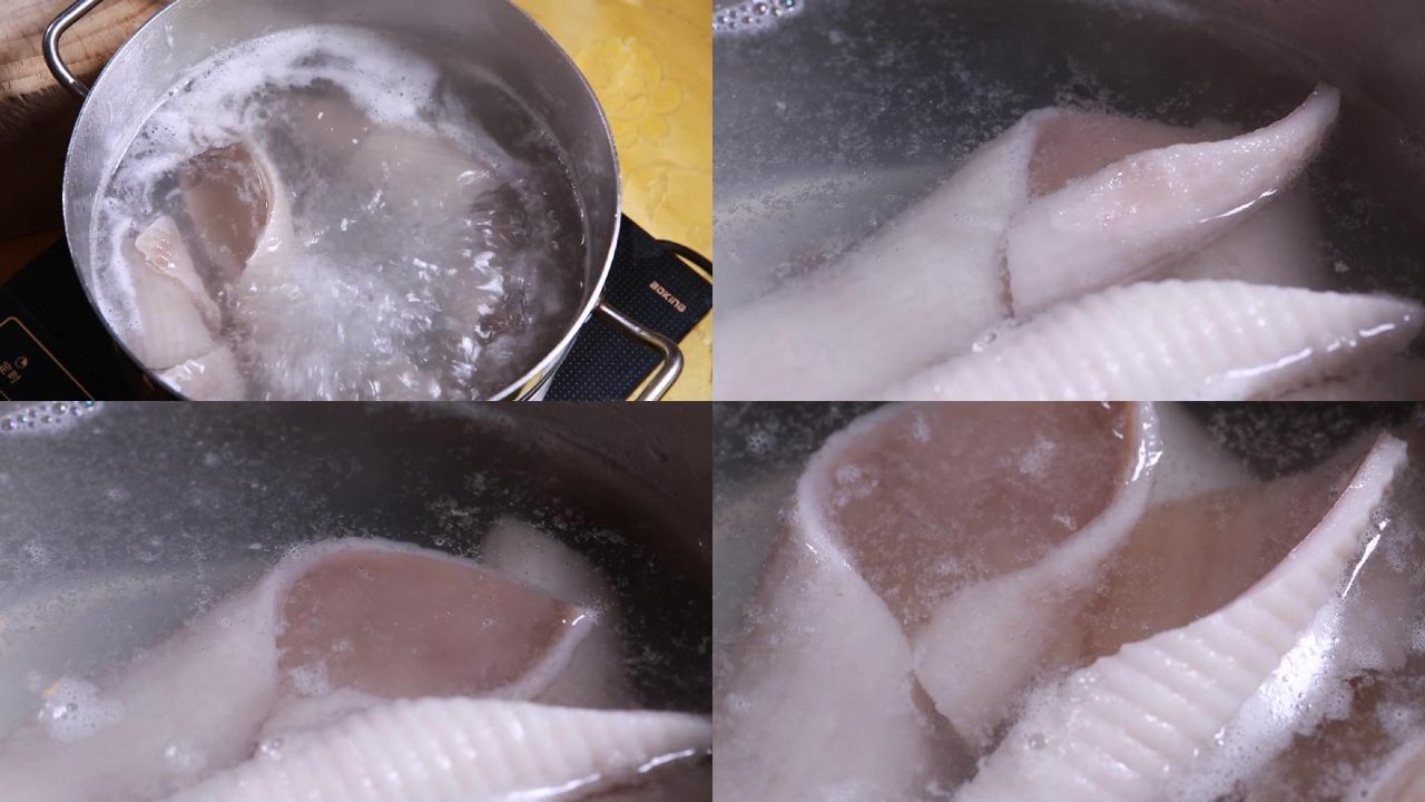 咸鱼小猪手焯水去腥过程,淘米水浸泡细节