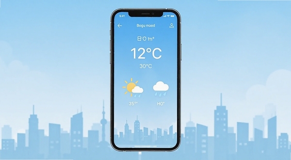天气预报网应用主界面全貌展示,画面中央为手机屏幕内显示当日天气温度与晴雨图标,背景为浅蓝色渐变天空与城市天际线剪影,整体风格清新简洁,适配Boogu模型生成