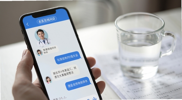 看名医在线问诊界面特写,手机屏幕显示医生头像、科室标签与图文对话气泡,旁边放着一杯温水和纸质病历,背景虚化处理,光线柔和,突出沟通场景,蓝白色调,写实风格