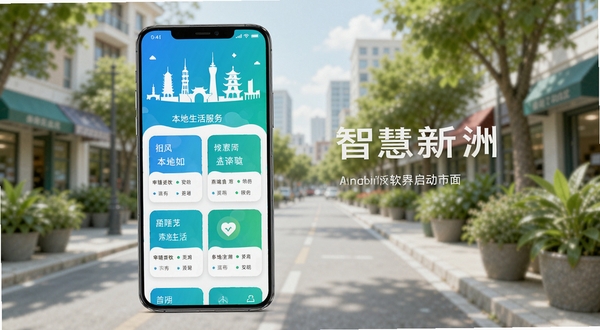 智慧新洲软件启动界面展示,画面中央为手机屏幕特写,屏幕内呈现蓝绿色调的本地生活服务首页卡片布局,顶部有城市地标剪影装饰,背景为虚化的城市社区街道与绿植,整体风格清新明亮,适合安卓应用市场宣传图,画面主体坐标居中偏左,背景区域为柔和的城市生活场景
