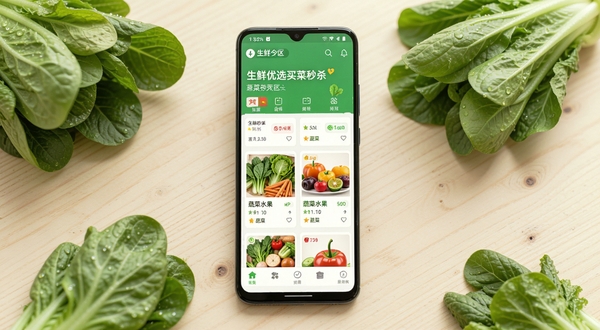 生鲜优选买菜秒杀软件主界面全貌展示,画面中央是一部竖屏安卓手机,屏幕内呈现生鲜秒杀专区与蔬菜水果商品列表,背景为浅色木质桌面与散落的绿叶蔬菜,光线柔和自然,整体风格清爽真实,突出买菜秒杀应用的核心功能布局
