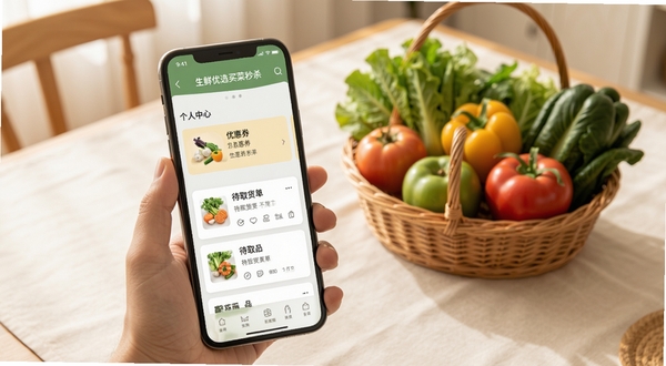 生鲜优选买菜秒杀个人中心与订单管理页面展示,手机屏幕呈现优惠券列表与待取货订单卡片,背景为整洁的餐桌与一篮新鲜蔬果,画面色调温暖,突出统一管理的便捷感