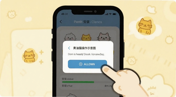 黄油猫新手操作示意图,手机屏幕中显示权限设置弹窗与安装进度条,旁边有卡通手指引导点击允许按钮,背景为浅黄色温馨提示风格,画面简洁明了