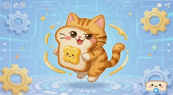 黄油猫软件主界面展示,一只橘猫背着黄油吐司悬浮旋转的卡通形象位于画面中央,背景为淡蓝色渐变科技感空间,四周点缀齿轮与星星元素,整体风格活泼可爱,适合安卓应用商店宣传图