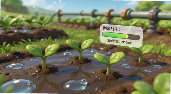 种田新手作物培育场景,画面特写一块刚浇过水的农田,几株嫩绿的幼苗破土而出,旁边悬浮显示生长进度条与剩余时间,背景虚化展现其他地块与灌溉管道,整体风格卡通写实,色彩鲜亮