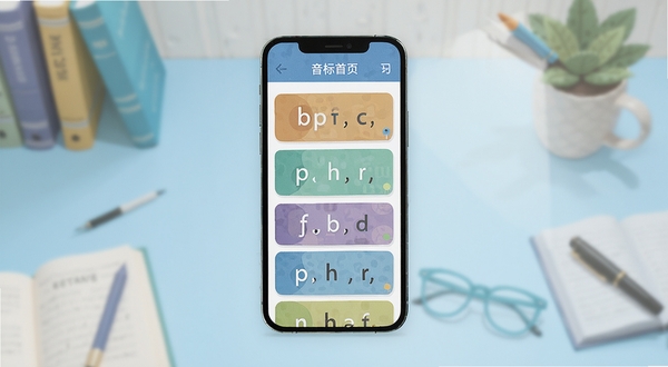 英语国际音标学习软件首页展示,画面中央为手机屏幕内的音标卡片列表,背景为浅蓝色渐变书桌场景,柔和光线,扁平化插画风格,细节清晰,突出学习工具属性