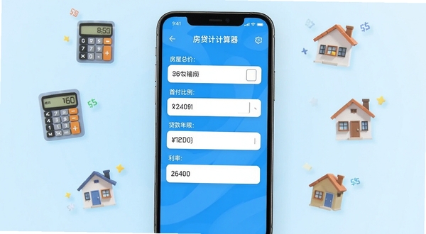 房贷计算器手机应用主界面展示,画面中央是手机屏幕,屏幕上显示房贷计算器软件的贷款输入界面,包含房屋总价、首付比例、贷款年限、利率等输入框,背景为浅蓝色渐变,周围点缀计算器图标与房屋图标,整体风格清爽简洁,适合应用商店展示