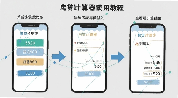 房贷计算器使用教程示意图,画面为手机屏幕分步操作演示,第一步选择贷款类型,第二步输入房屋总价与首付,第三步查看计算结果,背景为浅灰色,配以箭头指引,风格扁平化教学插图