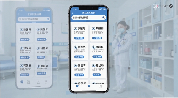 北京预约挂号医院通手机端医院科室检索界面展示,竖屏UI设计,白色背景配蓝色主色调,顶部搜索框输入医院名称,下方列表显示多家医院卡片与科室标签,界面干净整洁,适合医疗类应用宣传图
