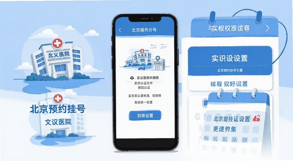 北京预约挂号医院通新手操作引导界面,手机屏幕展示实名认证步骤与权限设置页面,扁平化插画风格,蓝白配色,画面中包含医院图标与日历元素,适合教程配图使用