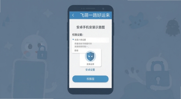 飞萌一路好运来 安卓手机安装步骤示意图 权限设置界面 简洁扁平化风格 蓝灰色调