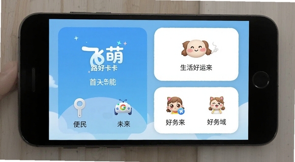 飞萌一路好运来 首页功能卡片布局 安卓手机界面 清爽蓝白配色 便民工具图标排列 生活服务应用截图风格