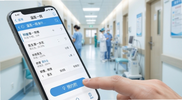 温医一院APP预约挂号界面特写,手机屏幕显示科室列表与医生排班表,手指正在点击预约按钮,画面色调为医疗蓝与白色搭配,背景为诊室走廊的浅景深虚化,突出操作便捷性