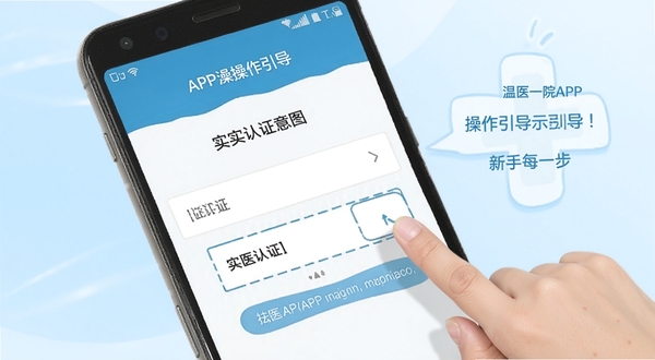 温医一院APP操作引导示意图,画面为一部安卓手机屏幕特写,显示实名认证填写页面,旁边有手指点击输入框的动作示意,背景为浅蓝色渐变,整体风格简洁明快,突出新手引导的友好性