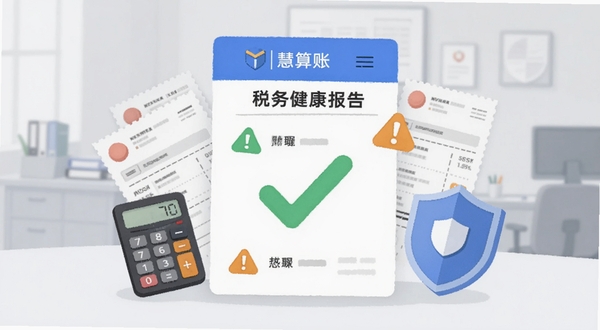 慧算账应用内税务风险检测页面截图风格插画,画面中央为一份税务健康报告,报告上有绿色对勾与橙色警示图标,周围环绕发票、计算器、盾牌等元素,背景为浅灰色办公场景,整体视觉清晰专业,突出财税安全主题