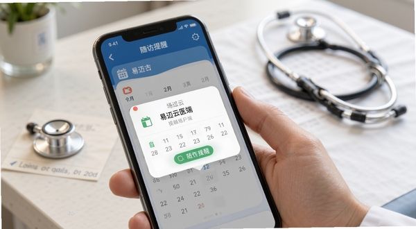 易迈云医端 随访提醒界面 手机弹出日程卡片 背景为诊室桌面与听诊器 画面主体为手持手机的特写 光线柔和 突出提醒弹窗细节