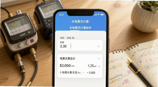 水电费月计算软件中月度费用核算页面的特写效果图,画面主体为手机屏幕中央的用量输入框与自动生成的电费水费合计卡片,背景为书桌一角摆放电表水表与记事本的温馨场景,光线柔和,突出软件名称水电费月计算