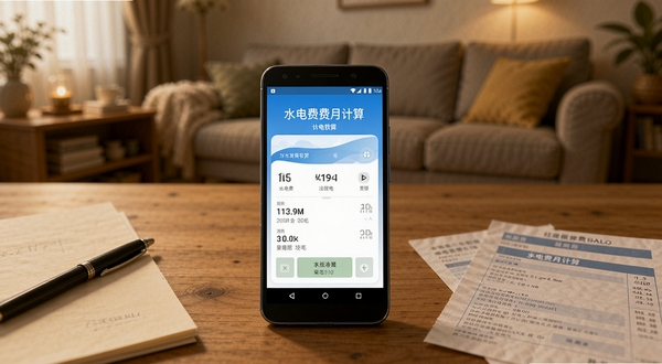 水电费月计算软件离线计算功能的场景效果图,画面主体为一部放在木质桌面上的安卓手机,屏幕显示水电费用结果页面,旁边放着纸笔和水电缴费单,背景为居家客厅的柔和光线,整体色调温暖,突出软件名称水电费月计算