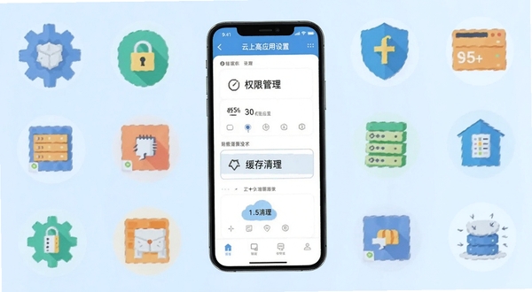 云上高应用设置页面展示权限管理与缓存清理选项,手机界面位于画面中央,周围环绕齿轮、盾牌、存储条等扁平化图标元素,背景为淡蓝色渐变,风格简洁明快,适配Boogu模型生成