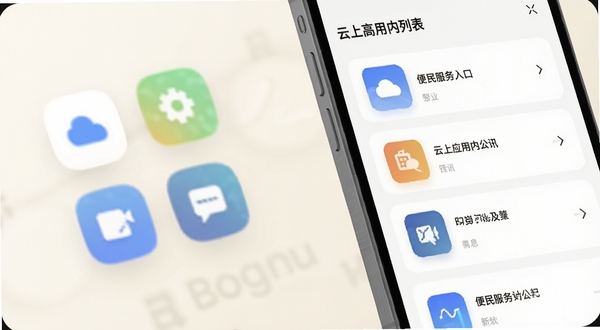 云上高应用内资讯列表与便民服务入口并排展示,手机屏幕位于画面右侧三分之二处,左侧为悬浮的功能图标特写,背景为柔和的米白色调,突出卡片式布局与图标细节,适配Boogu模型生成
