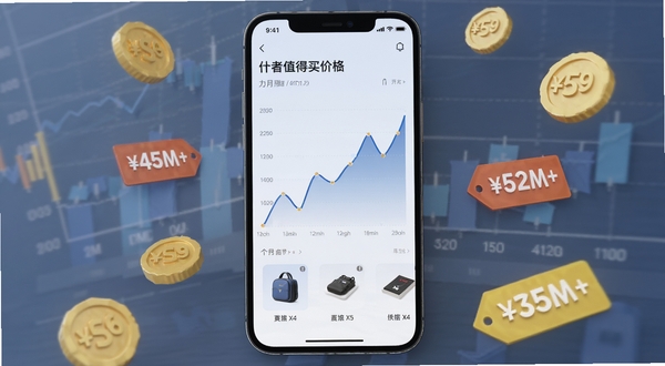 什么都值得买价格走势功能界面,手机屏幕显示一条起伏的价格曲线与商品缩略图,背景为淡蓝色数据图表风格,画面主体居中,四周点缀金币与折扣标签元素,整体呈现理性分析氛围
