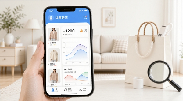 什么都值得买软件首页界面展示,手机屏幕中呈现商品优惠列表与价格曲线图,背景为简洁的浅色家居购物场景,画面主体位于中央偏左,右侧留白区域放置购物袋与放大镜元素,整体风格清爽明亮,适配电商导购类应用展示