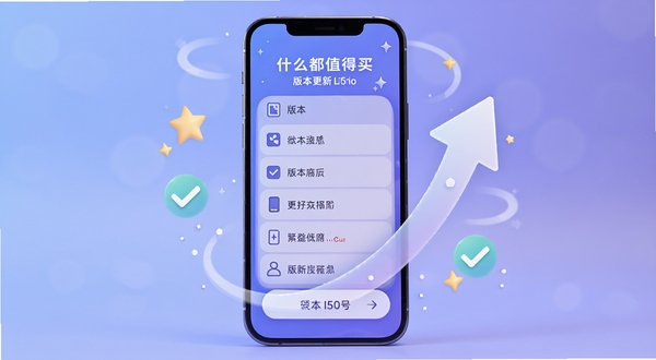 什么都值得买版本更新界面展示,手机屏幕呈现更新日志列表与版本号标识,背景为柔和渐变蓝紫色调,画面主体为居中的手机与上升箭头元素,周围点缀星星与对勾图标,体现功能迭代与优化主题