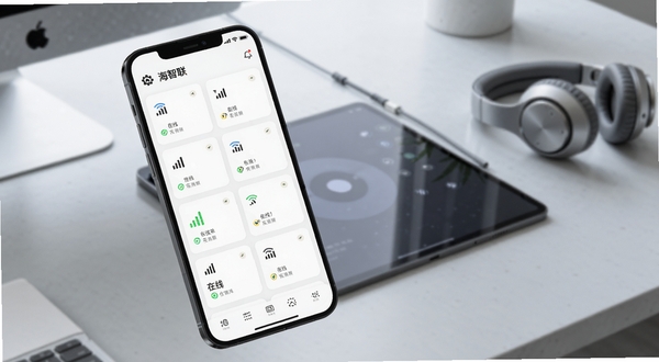 海智联多设备管理界面生图,画面展示一部手机屏幕内整齐排列多个设备状态卡片,卡片上有信号图标与在线标识,背景为柔和浅灰办公桌面环境,旁边放置平板与耳机作为场景点缀,光线自然,突出集中管理功能