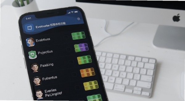Evotruster权限体检功能界面示意图,手机屏幕显示应用权限列表与风险等级色块标识,背景为浅灰色办公桌面环境,画面清晰明亮,突出软件名称Evotruster