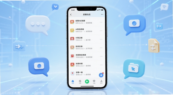 锋点点来软件主界面全貌展示,画面中央为手机屏幕,屏幕内呈现简洁的聊天列表与底部导航栏,背景为浅蓝色渐变科技感空间,四周点缀圆润的对话气泡图标与文件传输符号,整体风格清爽现代,适配Boogu模型生成