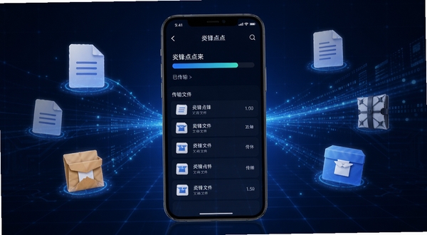 锋点点来文件传输功能界面展示,手机屏幕中央显示文件传输进度条与已传输文件列表,周围环绕文档图标、压缩包图标与数据流光线,背景为深蓝色科技网格,突出高速传输的视觉感受