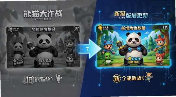 熊猫大作战版本更新宣传图,画面左侧为旧版本界面以灰色调呈现,右侧为新版本界面色彩明亮,中间用箭头连接,突出加载速度提升与新增角色数量,整体风格为科技感信息图