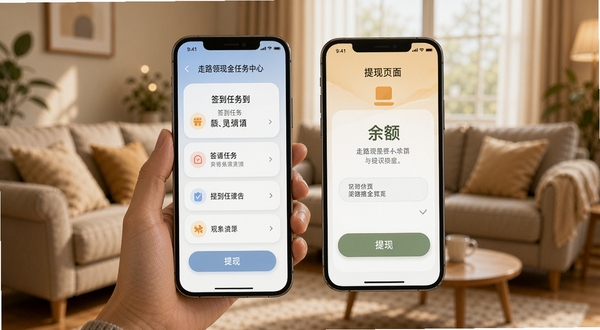走路领现金任务中心与提现页面展示,手机界面呈现签到任务列表和余额提现按钮,柔和圆角卡片设计,背景为居家客厅环境,光线温暖自然