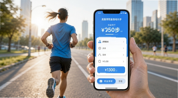 走路领现金自动计步功能界面展示,手机屏幕显示步数统计与收益概览,简洁清新的蓝白配色,背景为城市晨跑场景,画面明亮干净