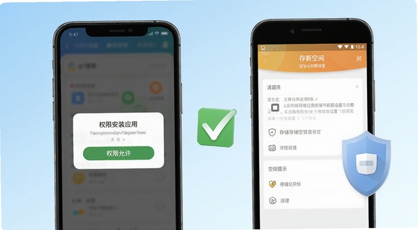 e师傅应用安装与权限设置示意图,手机屏幕展示权限允许弹窗与存储空间清理界面,旁边配有勾选图标和盾牌安全标识,背景为简洁的浅蓝渐变,突出新手安装引导与安全提示场景
