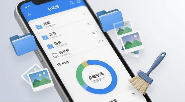 e师傅软件文件管理界面特写,手机屏幕显示分类文件列表与存储空间环形图,界面以蓝白配色为主,旁边漂浮文件夹、图片缩略图、清理刷子等元素,背景为柔和浅灰渐变,体现简洁高效的文件整理场景