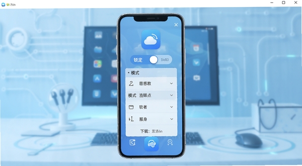 屏幕方向控制管理器软件主界面全貌展示,居中放置手机屏幕显示方向锁定开关与模式选择列表,背景为浅蓝色渐变科技感桌面环境,画面清晰明亮,突出软件图标与核心功能按钮,适合软件下载站展示风格