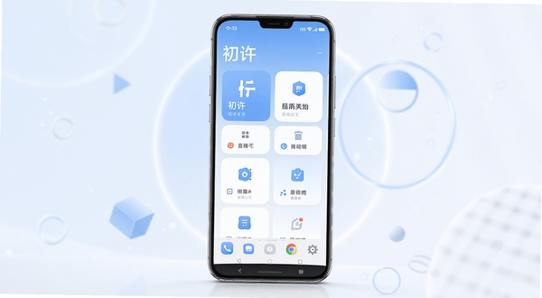一款名为初许的安卓手机应用界面展示,居中放置手机模型,屏幕内呈现简洁清爽的功能卡片布局,浅蓝与白色渐变背景,周围点缀柔和光晕与几何图形,整体风格现代简约,适合应用商店宣传图,画面高清细节丰富