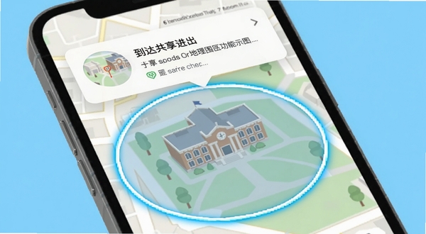 位置共享应用地理围栏功能示意图,手机屏幕地图上有一个半透明的圆形围栏区域覆盖学校建筑,围栏边缘有高亮描边,屏幕上方弹出到达提醒卡片,背景为明亮的浅蓝色,突出区域进出通知的实用场景