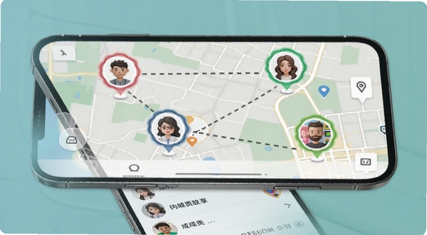 位置共享应用多人实时位置同步功能展示图,画面为一部手机屏幕,地图上分布着四个带有不同颜色边框的头像标记,标记之间用虚线连接,屏幕底部显示群组成员列表和刷新时间,背景为柔和的蓝绿色调,突出群组位置联动的直观感受