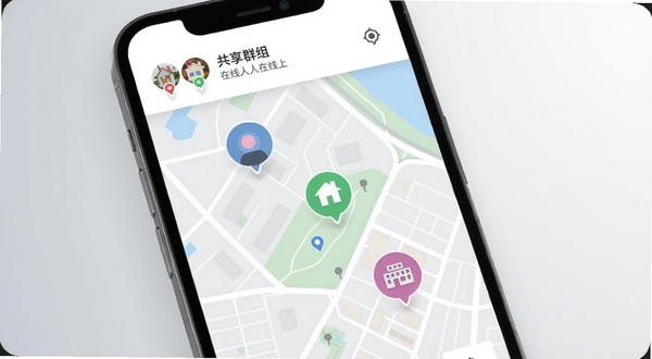 一张展示位置共享应用主界面的手机屏幕效果图,画面中央是简洁的城市地图,地图上有三个不同颜色的圆形头像标记分别位于住宅区、公园和商业街,屏幕上方显示共享群组名称与在线人数,背景为浅灰色渐变,整体风格清爽现代,突出实时位置共享的核心功能