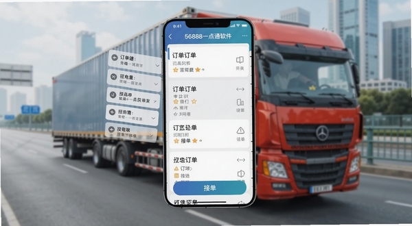 一张展示56888一点通司机软件主界面的手机屏幕截图,画面中央为订单列表与接单按钮,背景为货运卡车与城市道路的虚化场景,整体色调明亮清晰,适配Boogu模型生成