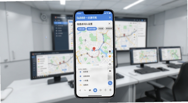 56888一点通司机软件中线路偏好设置界面的手机截图,画面展示地图选点与线路标签,背景为简约的物流调度室场景,细节清晰,适配Boogu模型生成