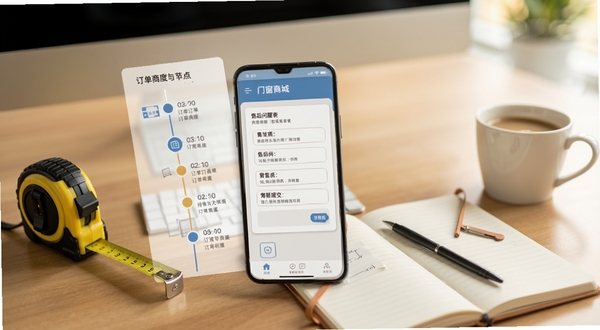 门窗商城订单进度页面与售后入口界面展示,手机屏幕呈现订单节点时间轴与售后问题提交表单,背景为简洁的办公桌面,桌上放置卷尺、笔记本与一杯咖啡,画面色调温暖自然,体现移动办公场景下的便捷操作体验