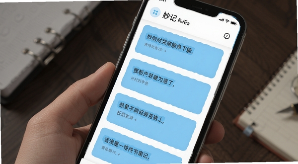 妙记应用界面展示,简洁清爽的笔记列表页面,白色背景搭配浅蓝色点缀,手机屏幕中显示多条文字笔记卡片,整体风格干净现代,适合软件下载站配图